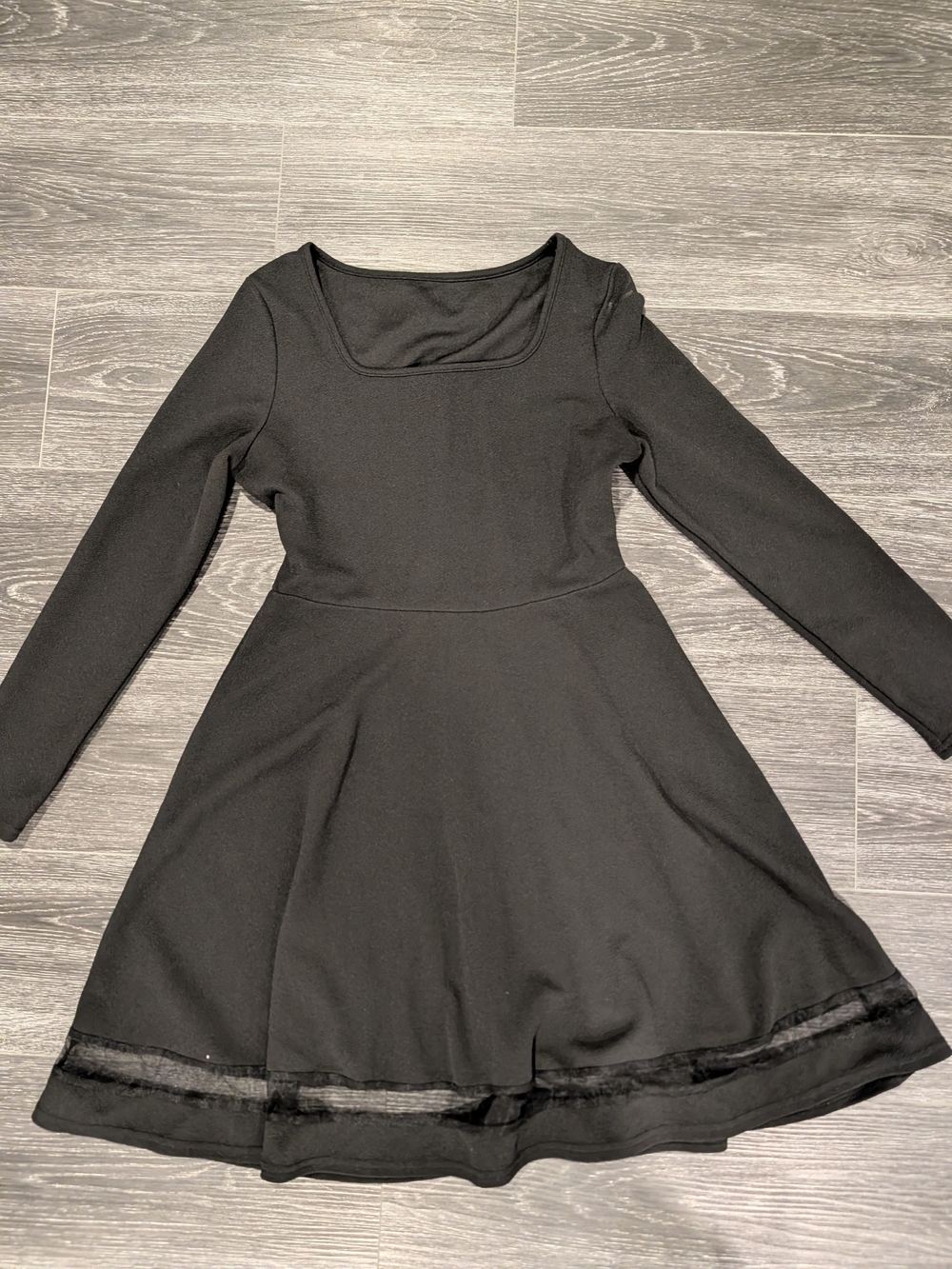 Black Long-Sleeve Fit & Flare Dress with Sheer Hem
